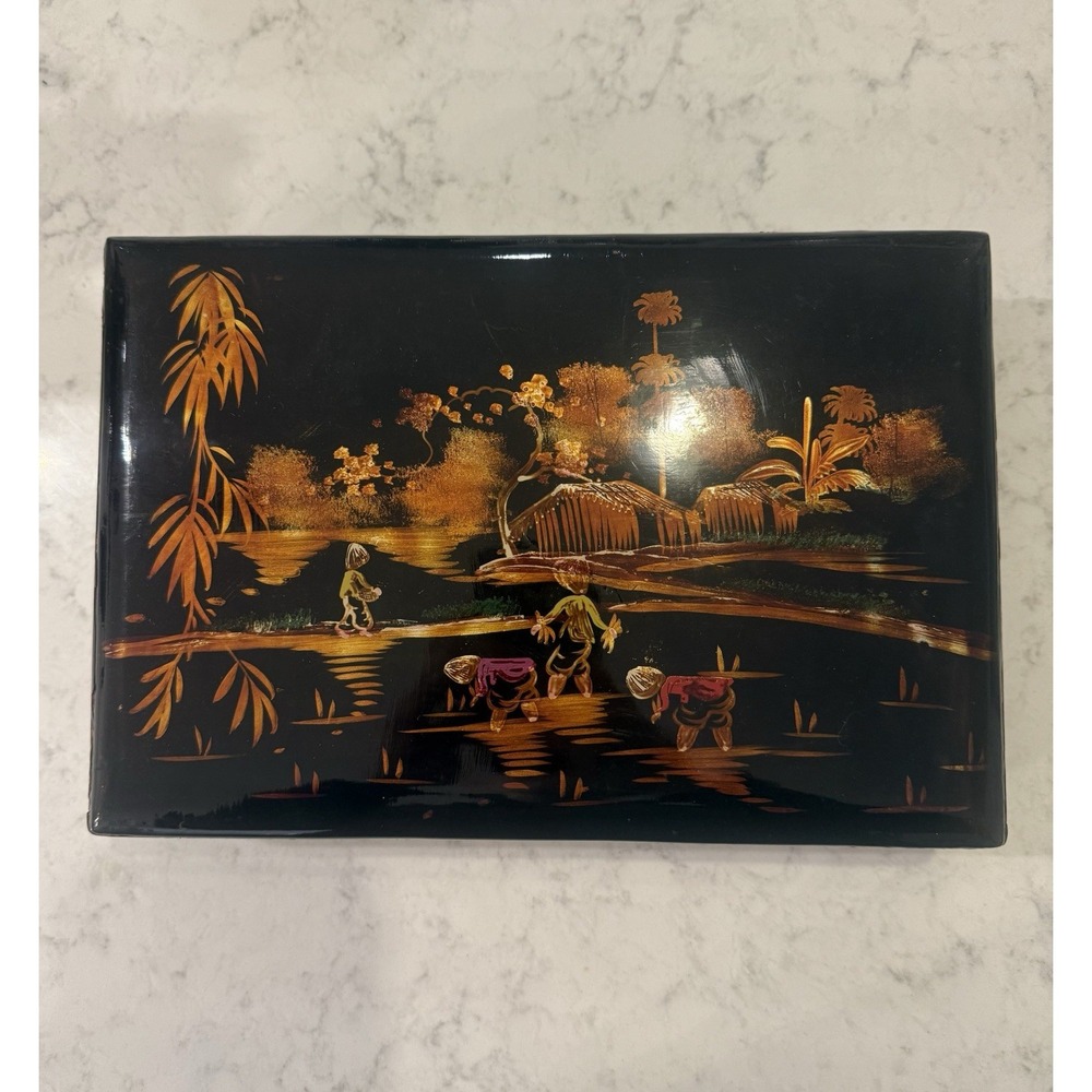 Chinoiserie Black Lacquer Vanity Trinket Box, Vtg Asian Jewelry Box Fair Shape